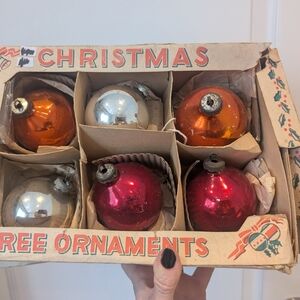 Vintage Christmas Tree Ornaments Set - Red, Orange, Silver